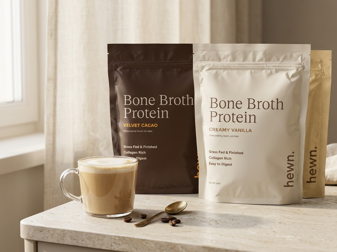 hewn bone broth protein stirred into a morning coffee