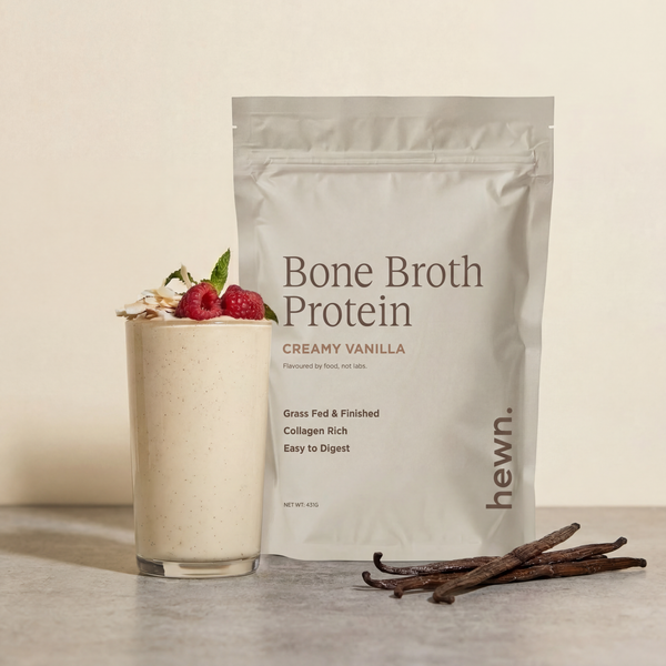 hewn Bone Broth Protein Creamy Vanilla with a vanilla smoothie