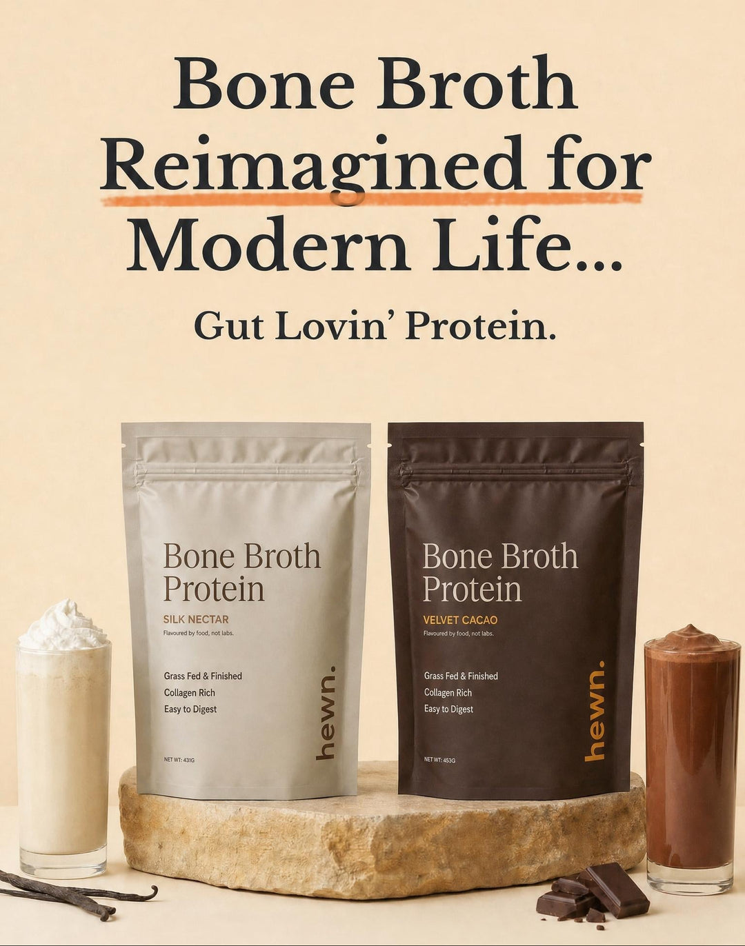 HEWN bone broth protein, Velvet Cacao and Silk Nectar Vanilla