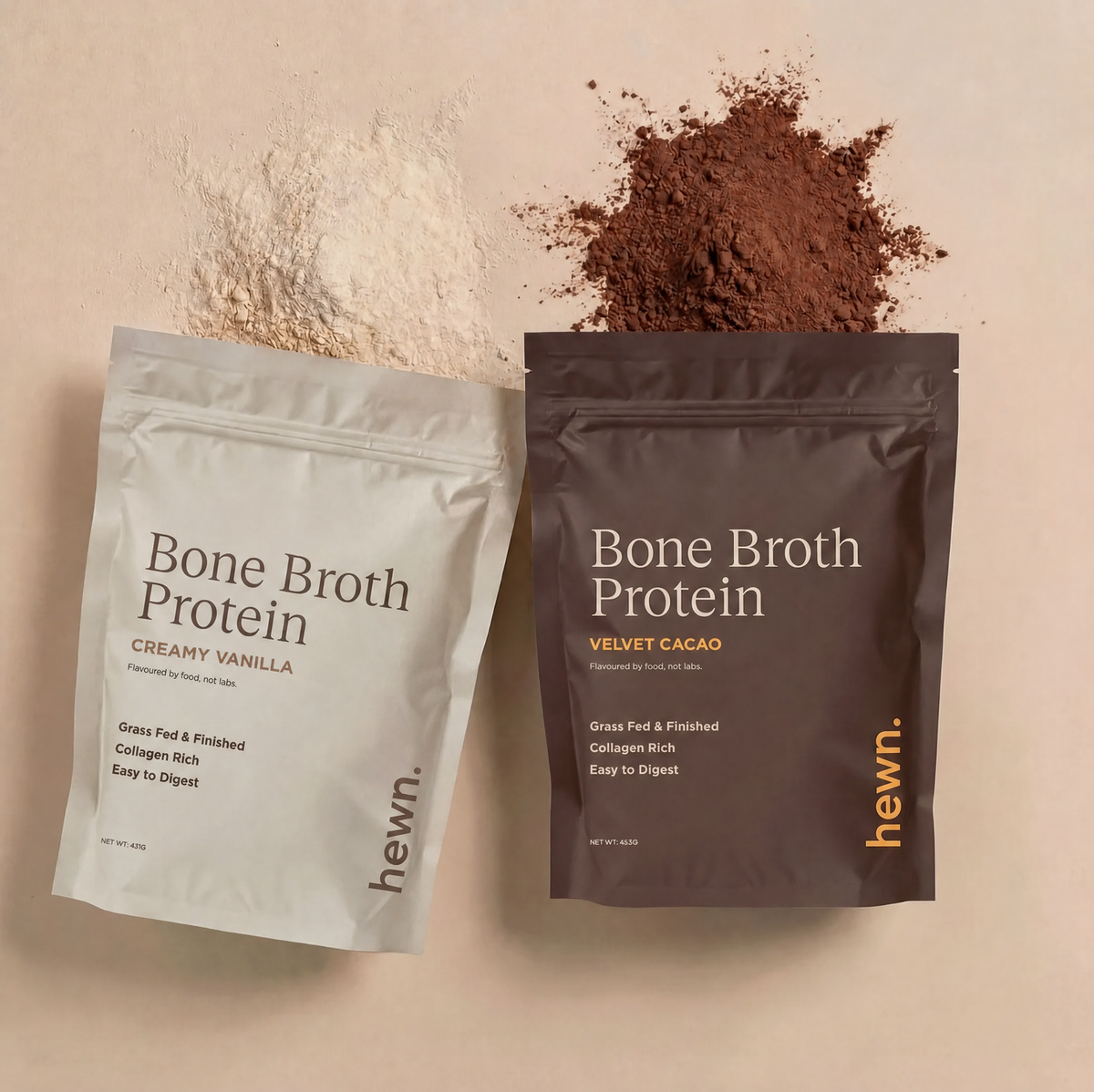 hewn Bone Broth Protein in Creamy Vanilla and Velvet Cacao, with the powders