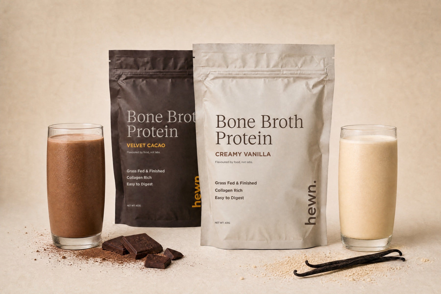 hewn Bone Broth Protein in Velvet Cacao and Creamy Vanilla, with a chocolate and a vanilla shake