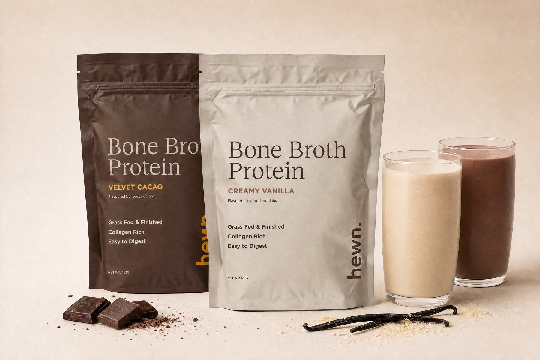 hewn Bone Broth Protein in Velvet Cacao and Creamy Vanilla, with two blended drinks